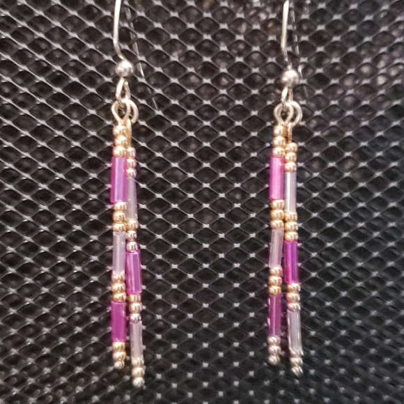 Hand Crafted Jewelry - Fuchsia bugle & gold seed beaded earrings
